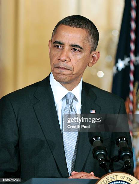 President Barack Obama delivers remarks at the Diplomatic Corps Holiday Reception on December 19, 2012 in Washington, D.C. President Obama announced...