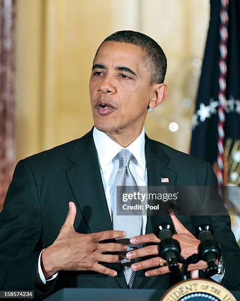 President Barack Obama delivers remarks at the Diplomatic Corps Holiday Reception on December 19, 2012 in Washington, D.C. President Obama announced...