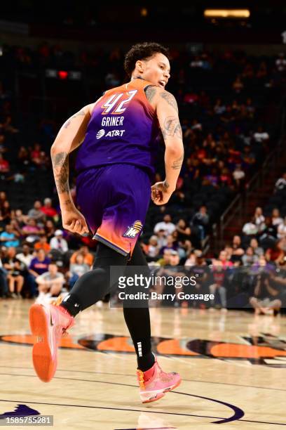 Brittney Griner of the Phoenix Mercury celebrates during the game against the Washington Mystics on August 8, 2023 at Footprint Center in Phoenix,...
