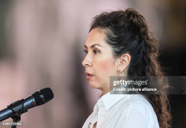 August 2023, Brazil, Belem: Maria Alexandra Moreira, Secretary General of the Amazon Cooperation Treaty Organization , speaks at the Hangar...