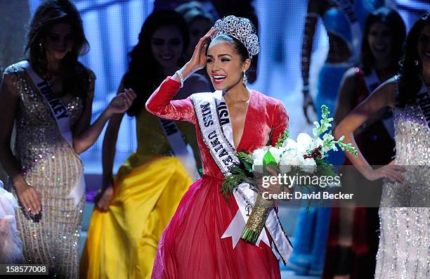 Miss USA 2012, Olivia Culpo, reacts after being named the 2012 Miss Universe during the 2012 Miss Universe Pageant at PH Live at Planet Hollywood...