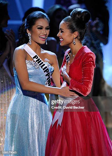 Miss Philippines 2012, Janine Tugonon , congratulates Miss USA 2012, Olivia Culpo, after she was named the new Miss Universe during the 2012 Miss...
