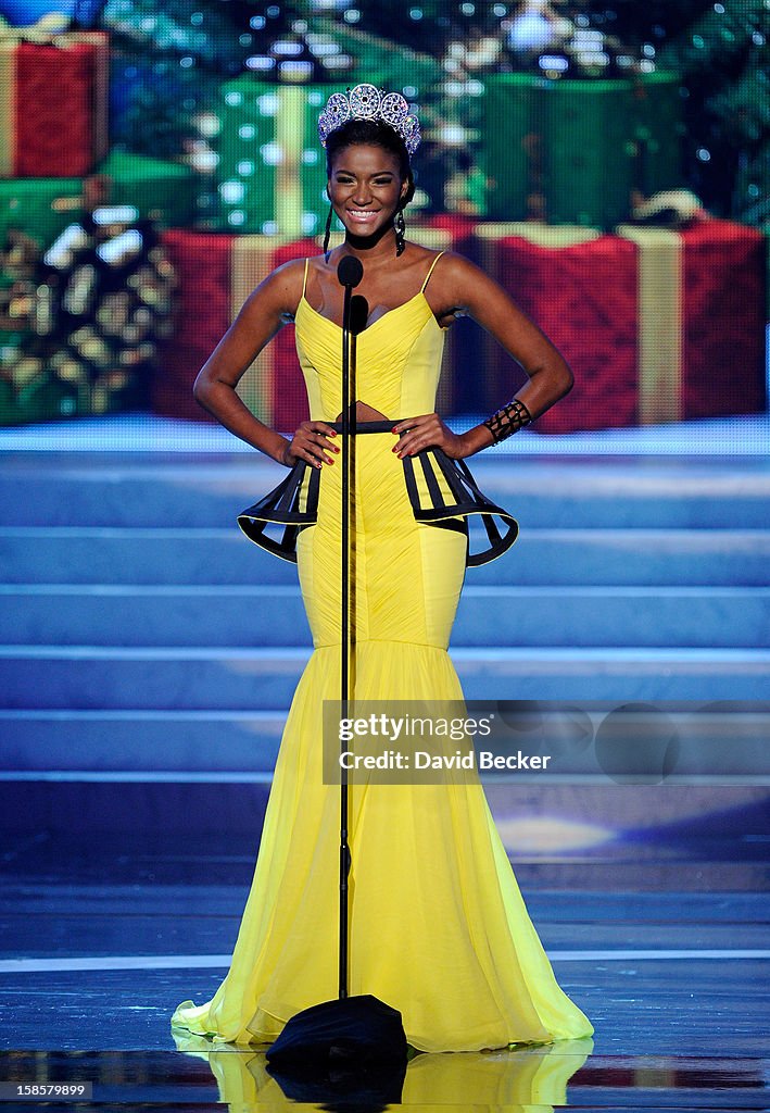 Leila Lopes, Miss Universe 2011, speaks during the 2012 Miss
