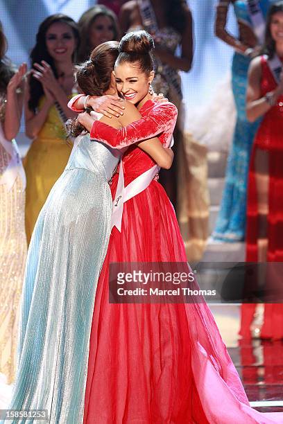 Miss Philippines 2012 Janine Tugonon and Miss USA 2012 Olivia Culpo and react during the 2012 Miss Universe Pageant at Planet Hollywood Resort &...