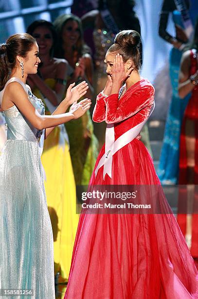 Miss Philippines 2012 Janine Tugonon and Miss USA 2012 Olivia Culpo and react during the 2012 Miss Universe Pageant at Planet Hollywood Resort &...