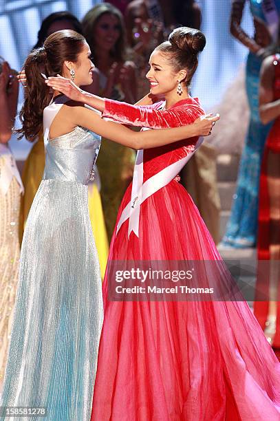 Miss Philippines 2012 Janine Tugonon and Miss USA 2012 Olivia Culpo react during the 2012 Miss Universe Pageant at Planet Hollywood Resort & Casino...