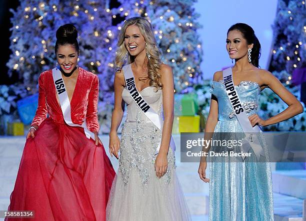 Miss USA 2012, Olivia Culpo, Miss Australia 2012, Renae Ayris, and Miss Philippines 2012, Janine Tugonon, appear on stage after being named as top...