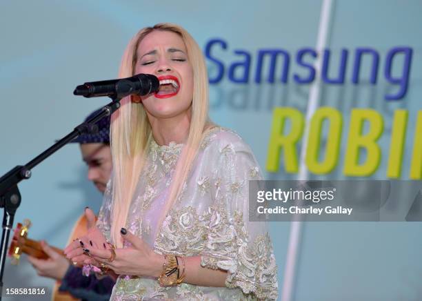 Singer Rita Ora performs onstage during Bob Weinstein & Harvey Weinstein's holiday event to benefit the Robin Hood Foundation and Hurricane Sandy...