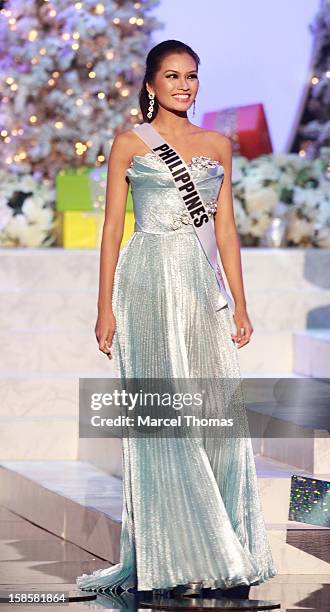 Miss Philippines 2012 Janine Tugonon reacts after being selected as one of the five finalists during the 2012 Miss Universe Pageant at Planet...