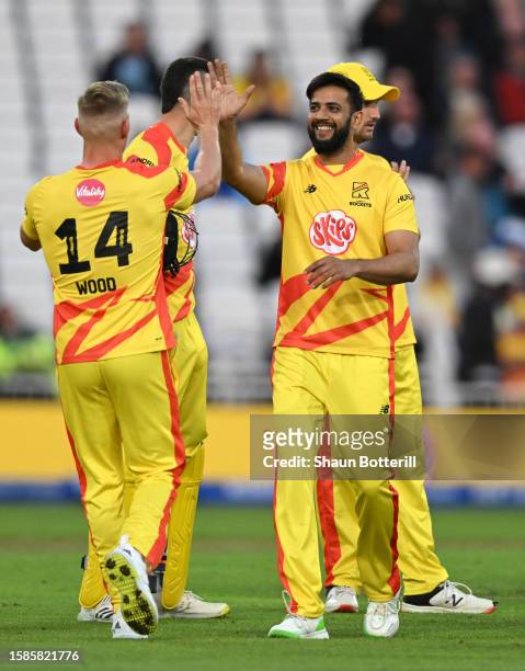 Imad Wasim of Trent Rockets Men celebrates after taking a wicket during The Hundred match between Trent Rockets Men and Southern Brave Men at Trent...