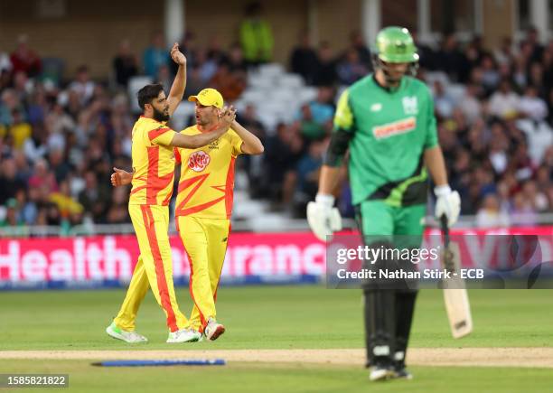 Imad Wasim of Trent Rockets celebrates taking the wicket of James Vince of Southern Brave during The Hundred match between Trent Rockets Men and...