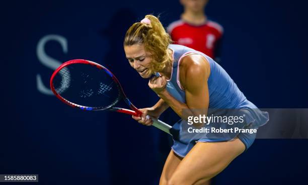 Camila Giorgi of Italy in action against Bianca Andreescu of Canada in the first round on Day 2 of the National Bank Open Montréal at Stade IGA on...