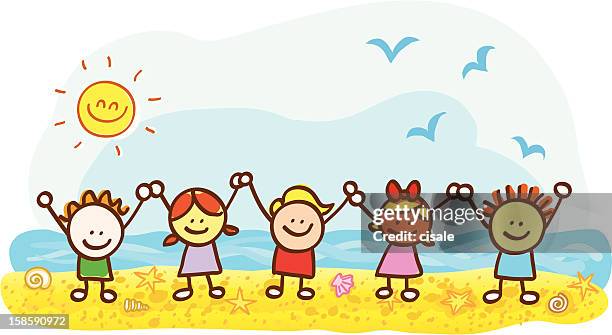 happy kids at summer holiday beach cartoon illustration - african girls on beach stock illustrations