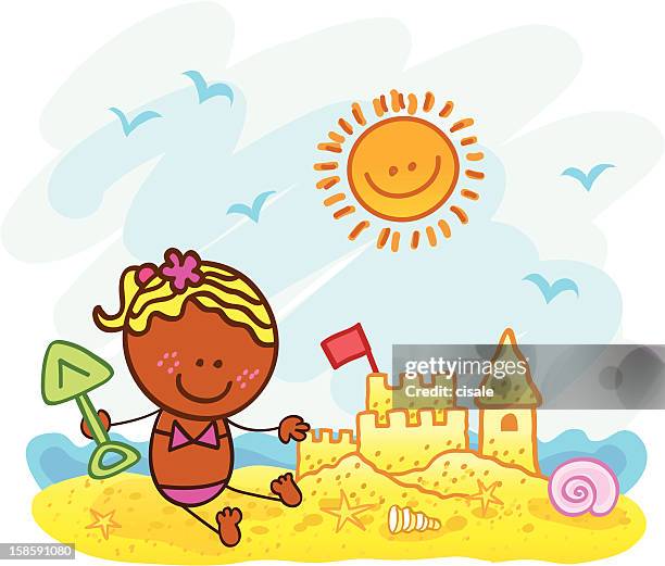 black girl playing at summer holiday beach cartoon illustration - sand bucket stock illustrations