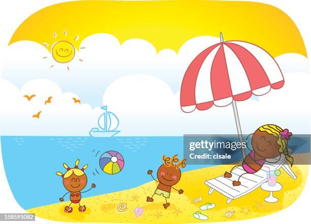 happy black summer holiday family at beach cartoon illustration - african girls on beach stock illustrations