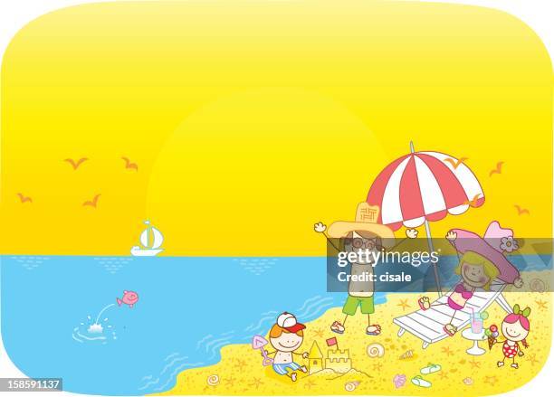 summer holiday family cartoon illustration - african girls on beach stock illustrations