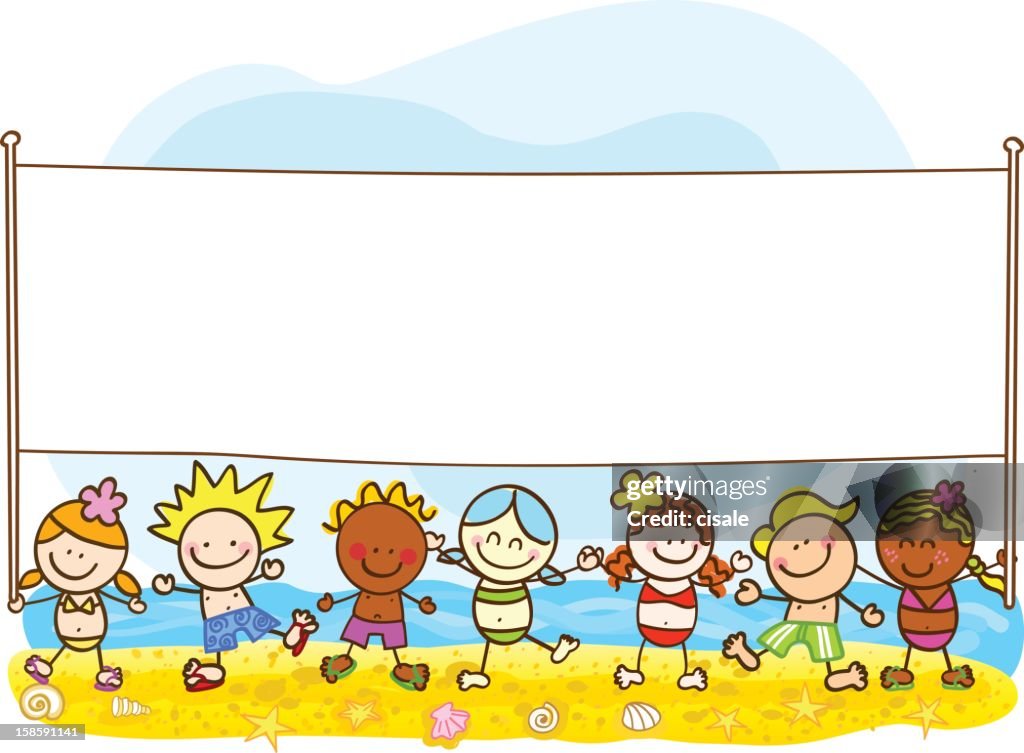 Happy Summer Kids With Banner Cartoon Illustration High-Res Vector Graphic  - Getty Images