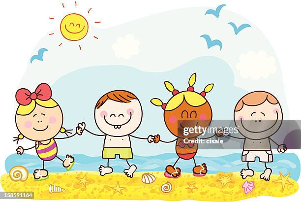 summer holiday children holding hands cartoon illustration - black people in bathing suits stock illustrations