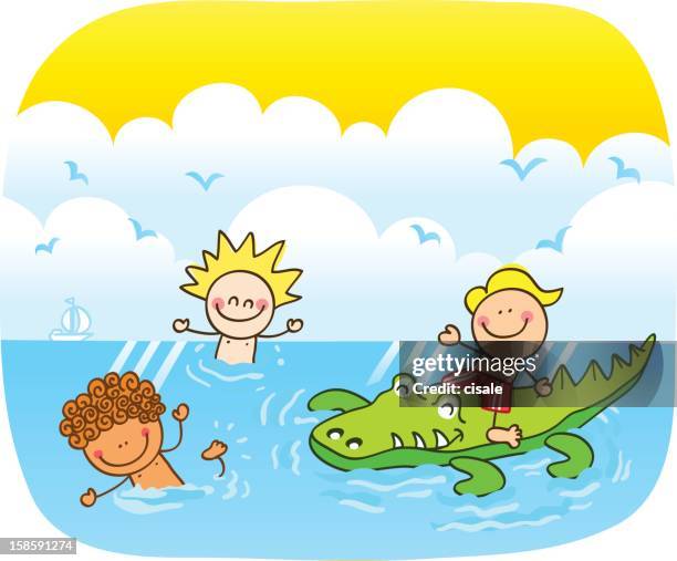 summer holiday children swimming in sea cartoon illustration - african girls on beach stock illustrations