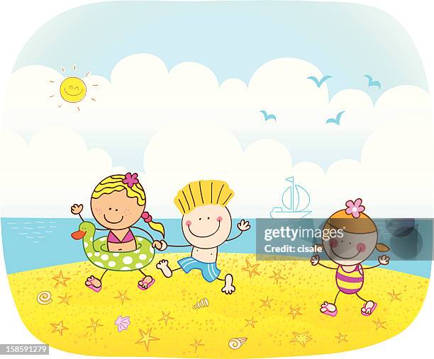 summer children going to swimming cartoon illustration - african girls on beach stock illustrations