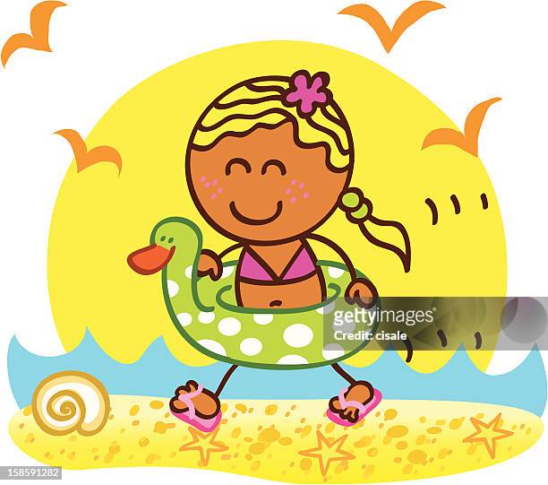 happy tanned girl going swimming at summer holiday cartoon - african girls on beach stock illustrations