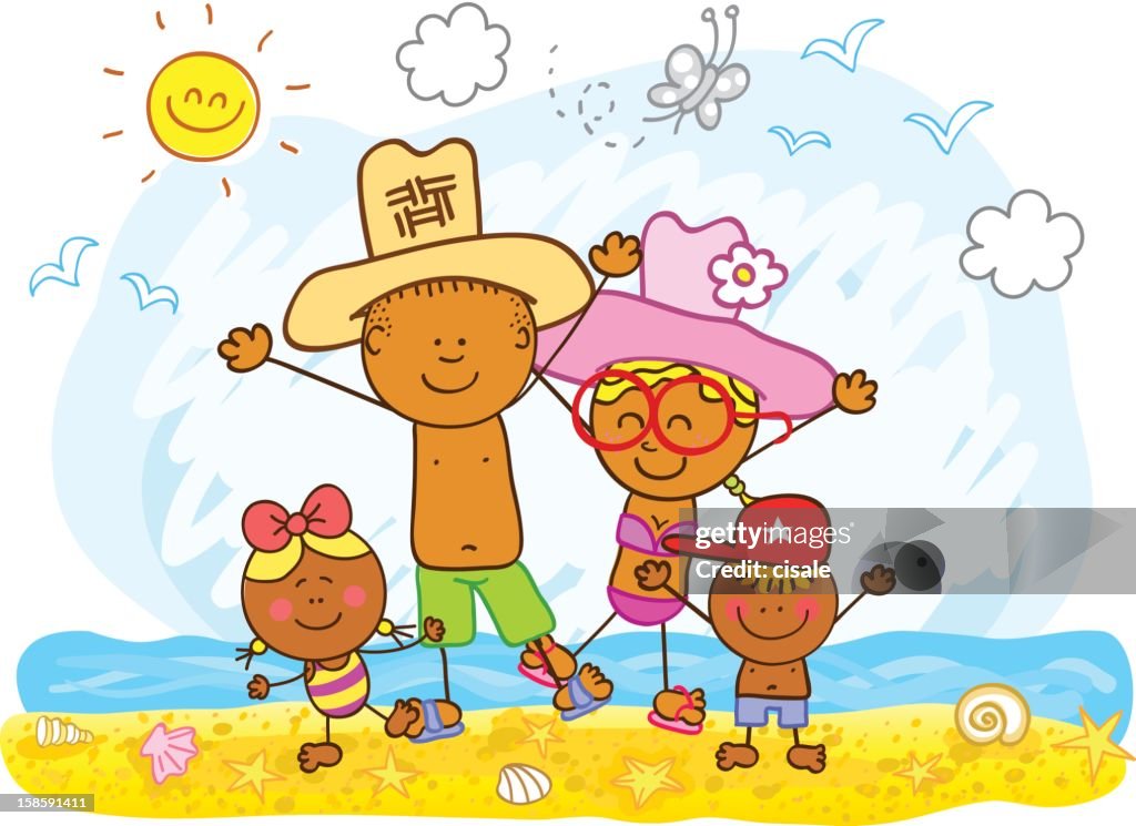 Black família no verão praia ilustração cartoon