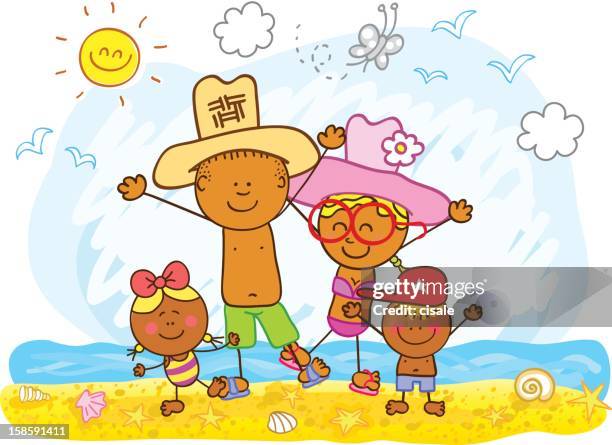 black family at summer beach cartoon illustration - black people in bathing suits stock illustrations