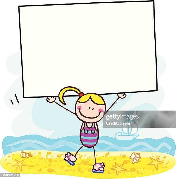 summer bikini girl with banner cartoon illustration - blonde attraction stock illustrations