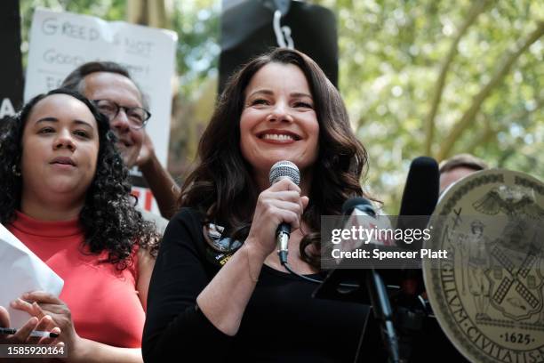 President Fran Drescher addresses picketers at New York City Hall on Tuesday as members of the actors SAG-AFTRA union continue to walk the picket...