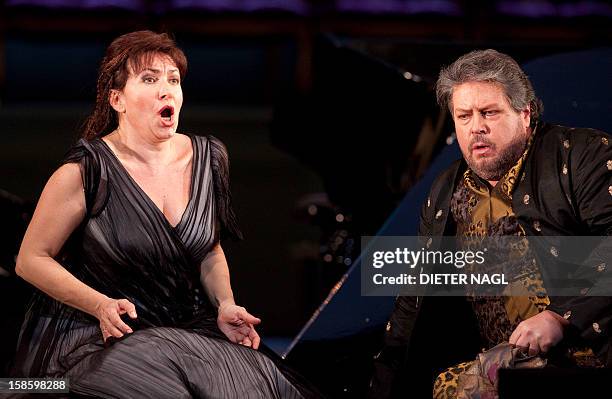 Bulgarian soprano Krassimira Stoyanova as Ariadne and US tenor Stephen Gould as Bacchus perform at the general rehearsal of a new production of the...