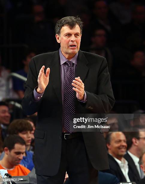 Head coach Kevin McHale of the Houston Rockets in action against the New York Knicks at Madison Square Garden on December 17, 2012 in New York City....