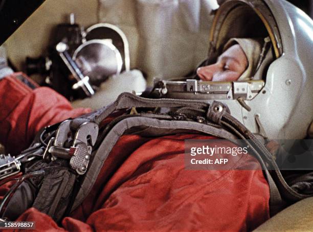 First woman in space Soviet cosmonaut Valentina Tereshkova is seen during a training session aboard a Vostok spacecraft simulator on January 17,...