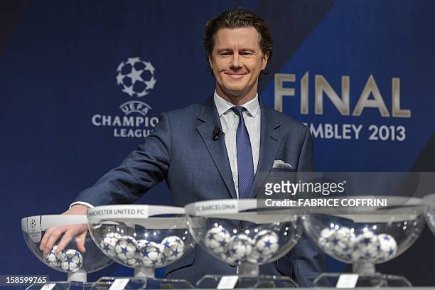 Champions League final ambassador, Britain's Steve McManaman attends the draw for the last 16 of the UEFA Champions League on December 20, 2012 at...