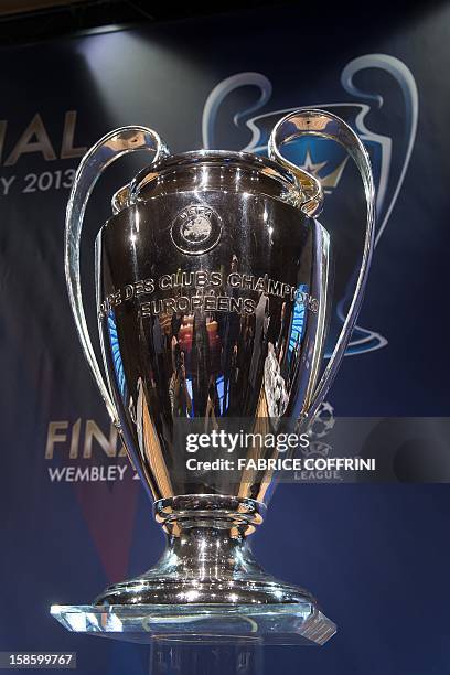 The UEFA Champions League trophy sits on a pedestal during the draw for the last 16 of the UEFA Champions League on December 20, 2012 at the UEFA...