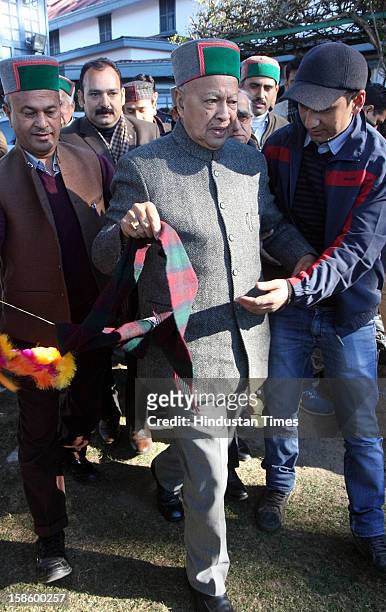 Congress leader Virbhadra Singh after Congress Party declared winner in Himachal Pradesh State Assembly Poll 2012, on December 20, 2012 in Shimla,...
