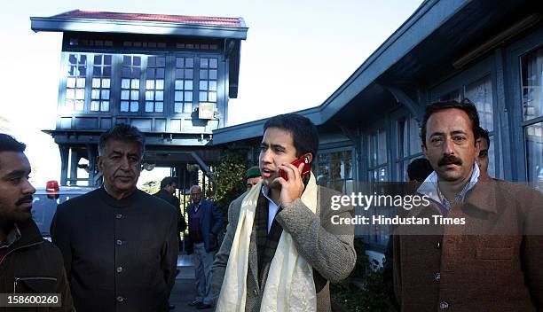 Congress leader Virbhadra Singh's son Vikram Aditya after Congress party declared winner in Himachal Pradesh State Assembly Poll 2012, on December...