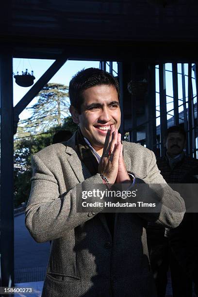 Congress leader Virbhadra Singh's son Vikram Aditya after Congress party declared winner in Himachal Pradesh State Assembly Poll 2012, on December...