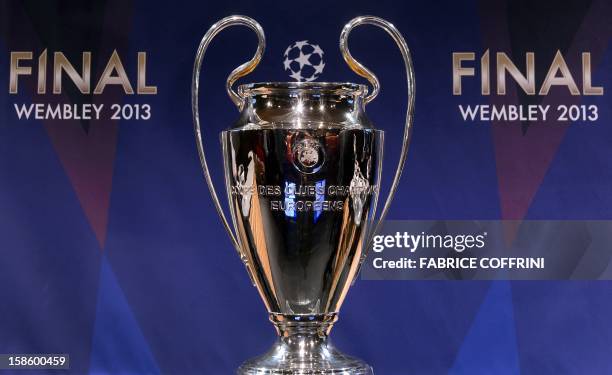 The UEFA Champions League trophy is seen after the draw for the last 16 of the UEFA Champions League on December 20, 2012 at the UEFA headquarters in...