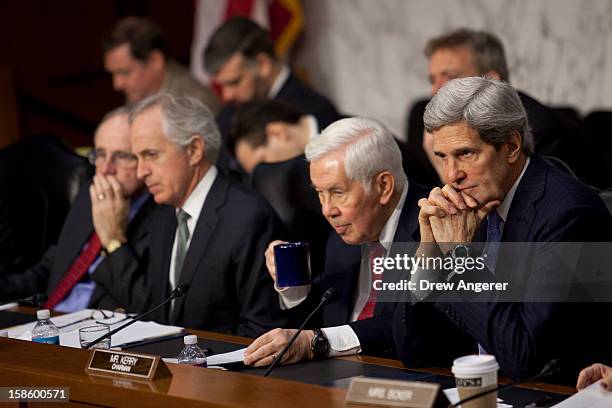 Sen. James Risch , Sen. Bob Corker , Sen. Richard Lugar and Committee Chairman Sen. John Kerry listen to testimony during the Senate Foreign...