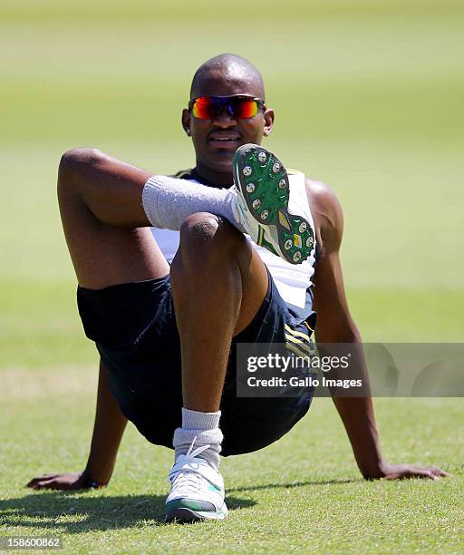 Lonwabo Tsotsobe in action during the South Africa nets session from Sahara Park Kingsmead on December 20, 2012 in Durban, South Africa