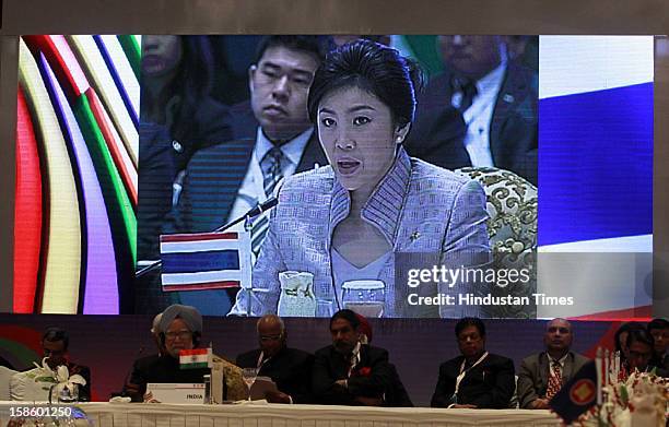 Prime Minister of Thailand Ms. Yingluck Shinawatra address the plenary session of the ASEAN-India Commemorative Summit on December 20, 2012 in New...