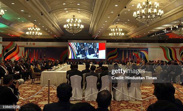 Prime Minister of Indonesia Dr. Susilo Bambang Yadhoyono address the plenary session of the ASEAN-India Commemorative Summit on December 20, 2012 in...