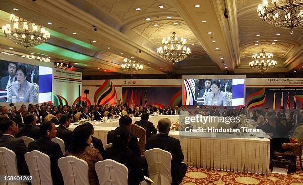 Prime Minister of Thailand Ms. Yingluck Shinawatra address the plenary session of the ASEAN-India Commemorative Summit on December 20, 2012 in New...