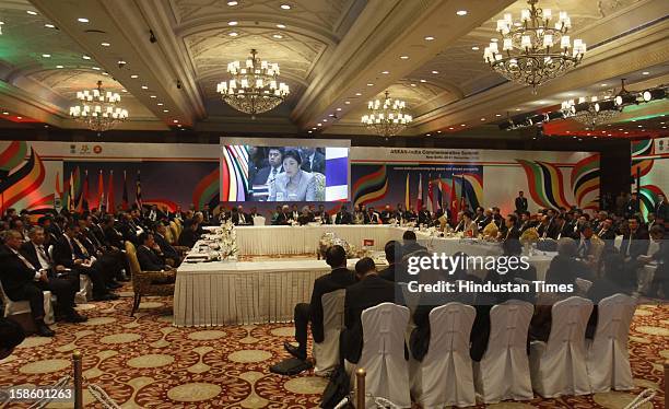 Prime Minister of Thailand Ms. Yingluck Shinawatra address the plenary session of the ASEAN-India Commemorative Summit on December 20, 2012 in New...