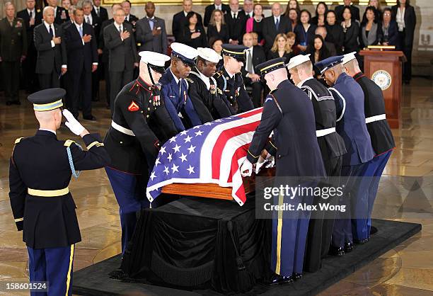 The flag is draped over the casket of U.S. Senator Daniel Inouye at the Rotunda of the U.S. Capitol where he will lie in state December 20, 2012 on...