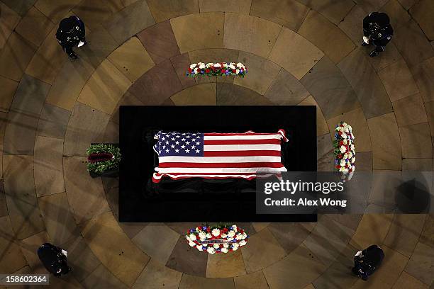 Senator Daniel Inouye lies in state in the Rotunda of the U.S. Capitol during a service December 20, 2012 on Capitol Hill in Washington, DC. The late...