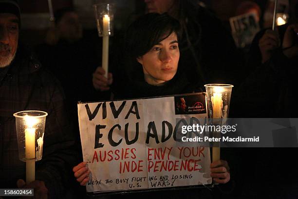 Supporters of Wikileaks founder Julian Assange wait for him to speak at the Ecuadorian Embassy on December 20, 2012 in London, England. Mr Assange...