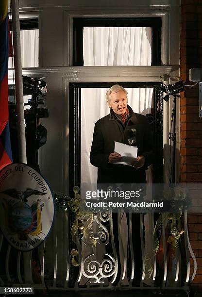 Wikileaks founder Julian Assange speaks from the Ecuadorian Embassy on December 20, 2012 in London, England. Mr Assange has been living in the...