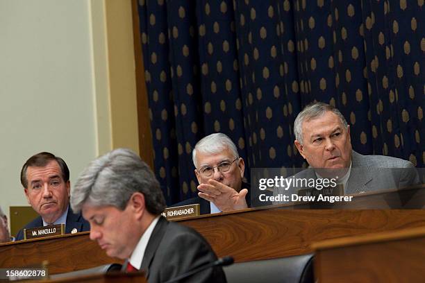 From left, Rep. Ed Royce , Rep. Michael T. McCaul , Rep. Don Manzullo listen as Rep. Dana Rohrabacher questions the witnesses during the House...