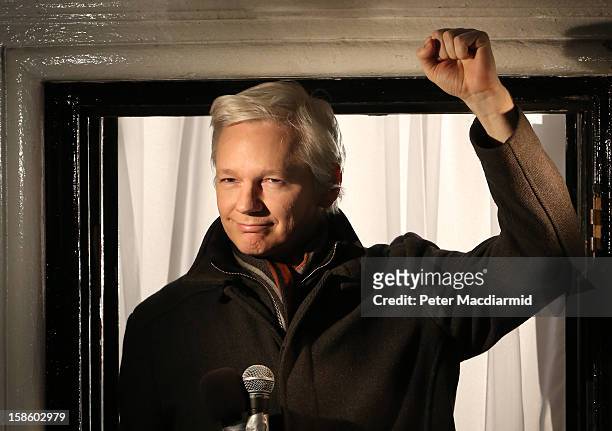 Wikileaks founder Julian Assange speaks from the Ecuadorian Embassy on December 20, 2012 in London, England. Mr Assange has been living in the...